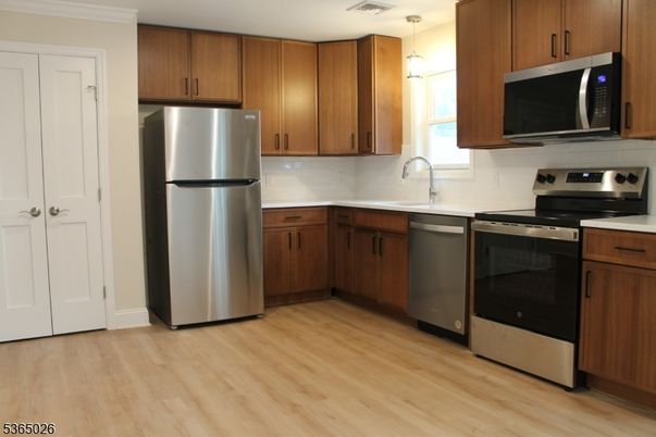 Interior, Kitchen, Pendant Lights, Stainless Steel Appliances, Wood Texture Flooring