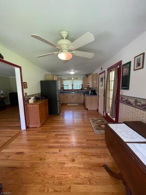 Interior, Kitchen, Tile Countertops, Wood Texture Flooring