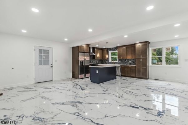 Interior, Kitchen, Marble, Pendant Lights, Recessed Lighting, Stainless Steel Appliances