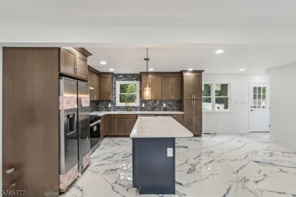 Interior, Kitchen, Marble, Pendant Lights, Recessed Lighting, Stainless Steel Appliances