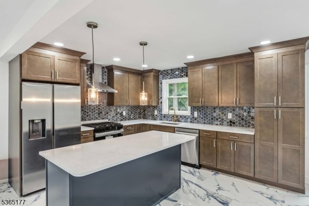 Interior, Kitchen, Marble, Pendant Lights, Recessed Lighting, Stainless Steel Appliances