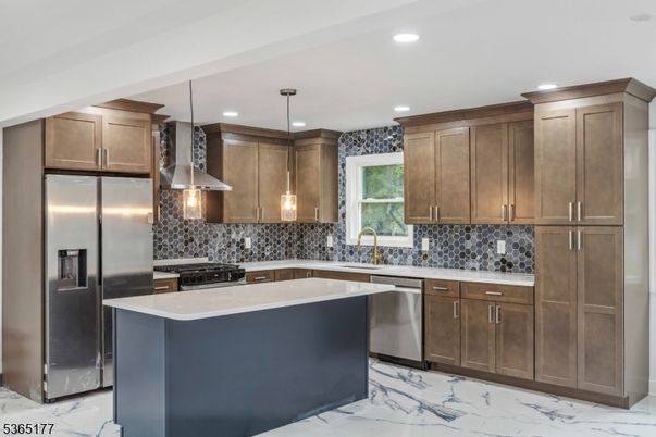 Interior, Kitchen, Marble, Pendant Lights, Recessed Lighting, Stainless Steel Appliances