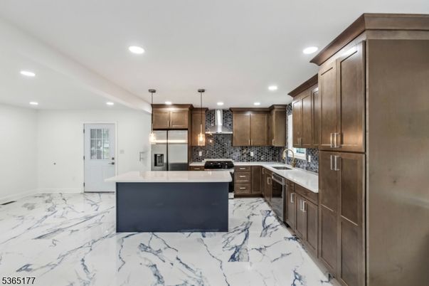 Interior, Kitchen, Marble, Pendant Lights, Recessed Lighting, Stainless Steel Appliances
