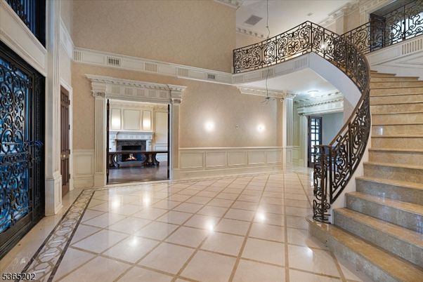 Chandelier, Fireplace, Interior
