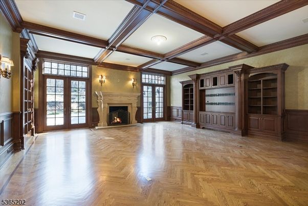 Empty room, Fireplace, Interior, Recessed Lighting, Wooden Beams, Wood Texture Flooring