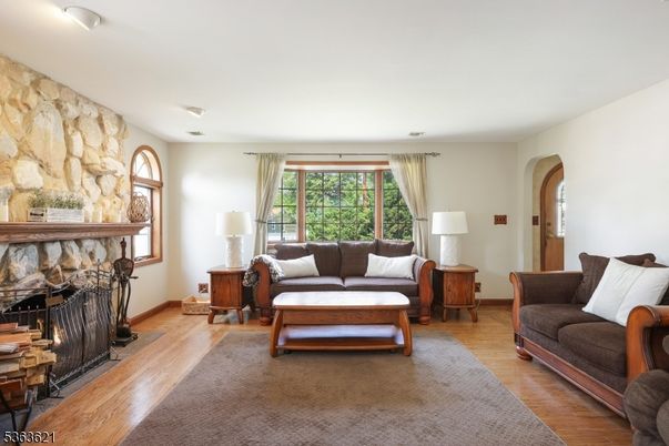 Fireplace, Interior, Living room, Stone Walls, Wood Texture Flooring