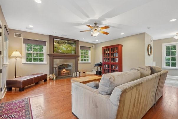 Fireplace, Interior, Living room, Recessed Lighting, Wood Texture Flooring