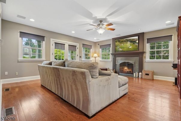 Fireplace, Interior, Living room, Recessed Lighting, Wood Texture Flooring