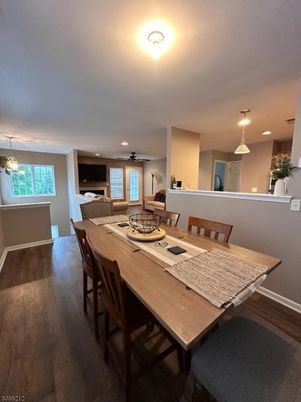 Dining room, Interior, Pendant Lights, Recessed Lighting, Wood Texture Flooring