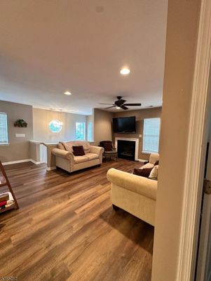 Fireplace, Interior, Living room, Pendant Lights, Recessed Lighting, Wood Texture Flooring