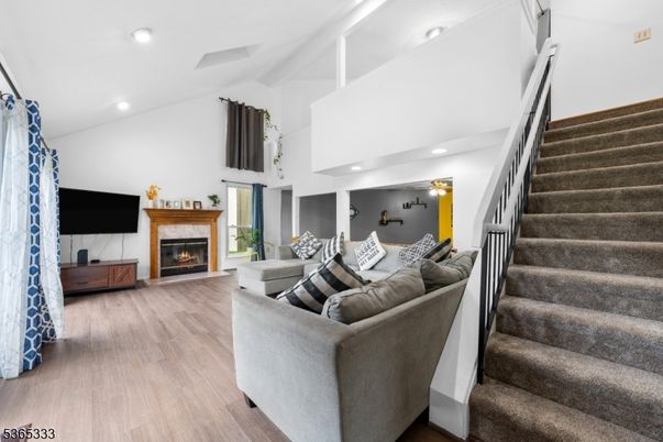 Fireplace, Interior, Living room, Recessed Lighting, Wood Texture Flooring