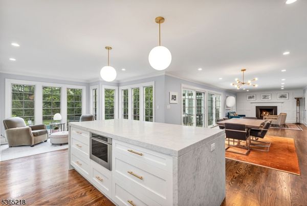 Dining room, Fireplace, Interior, Kitchen, Living room, Pendant Lights, Recessed Lighting, Wood Texture Flooring