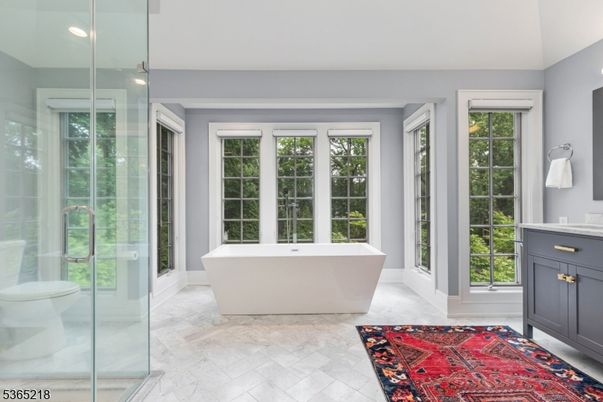 Bathroom, Free Standing Baths, Glass Shower, Interior, Marble, Recessed Lighting
