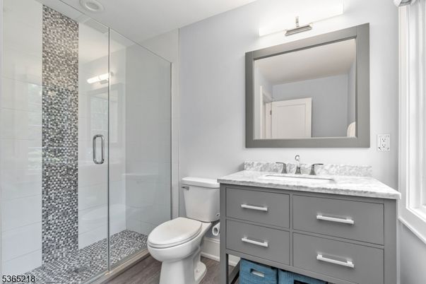 Bathroom, Glass Shower, Interior, Wood Texture Flooring