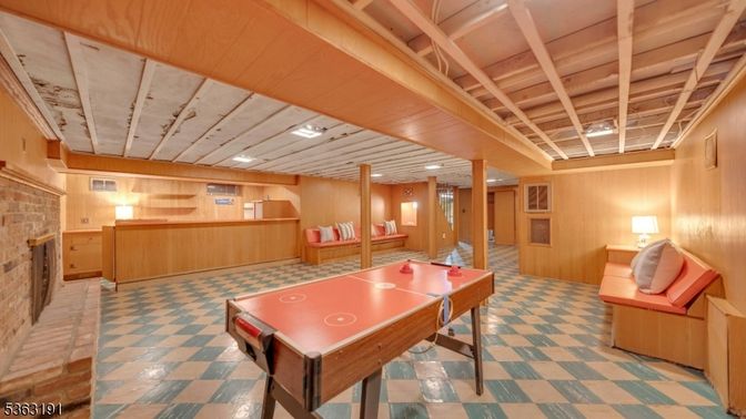 Fireplace, Game Room, Interior, Recessed Lighting, Stone Walls, Wooden Ceilings, Wooden Walls