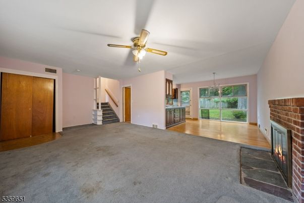 Empty room, Fireplace, Interior, Pendant Lights, Stone Walls