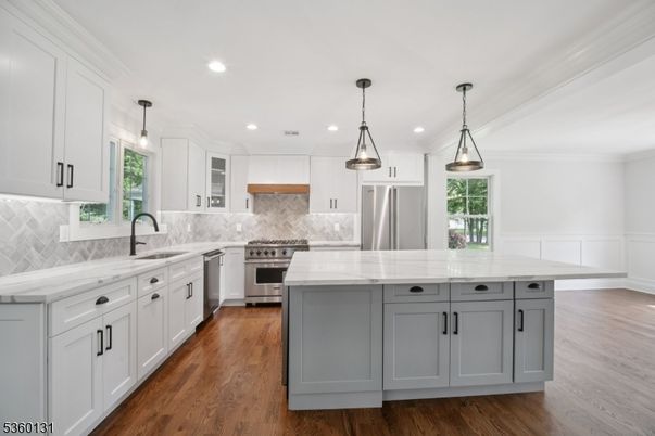 Interior, Kitchen, Pendant Lights, Recessed Lighting, Stainless Steel Appliances, Wood Texture Flooring