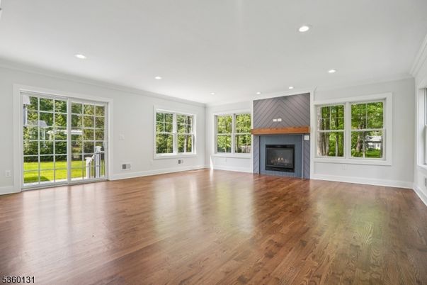 Empty room, Fireplace, Interior, Recessed Lighting, Wood Texture Flooring