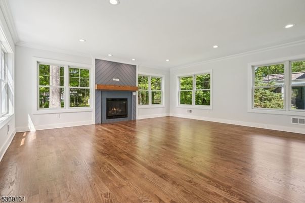 Empty room, Fireplace, Interior, Recessed Lighting, Wood Texture Flooring