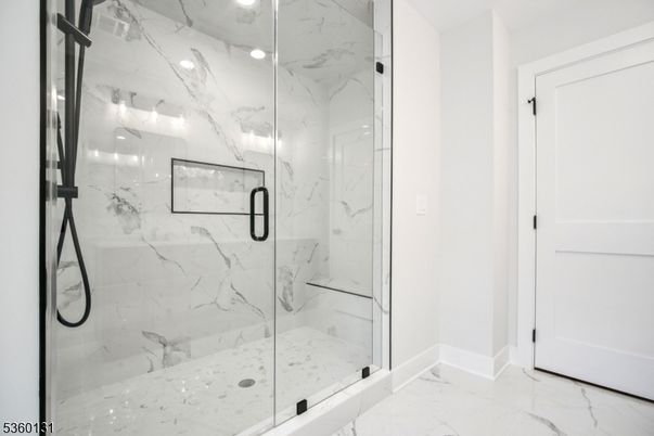 Bathroom, Glass Shower, Interior, Marble, Marble Walls, Recessed Lighting