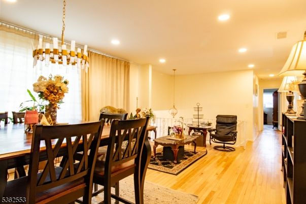 Dining room, Interior, Living room, Pendant Lights, Recessed Lighting, Wood Texture Flooring