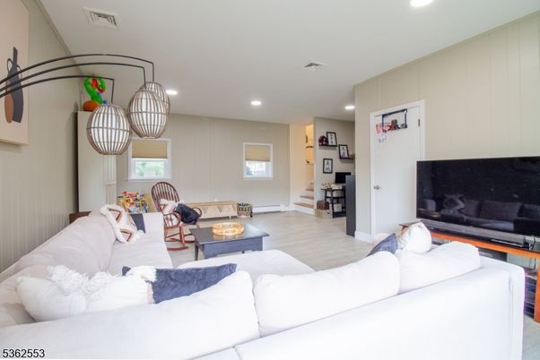 Interior, Living room, Pendant Lights, Recessed Lighting, Wood Texture Flooring