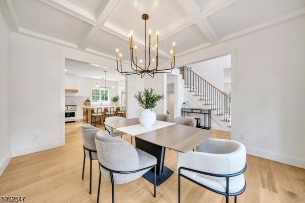 Chandelier, Dining room, Interior, Kitchen, Pendant Lights, Stainless Steel Appliances, Wood Texture Flooring