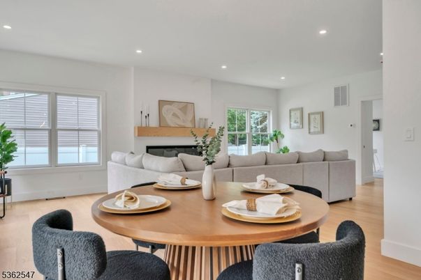 Dining room, Interior, Living room, Recessed Lighting, Wood Texture Flooring