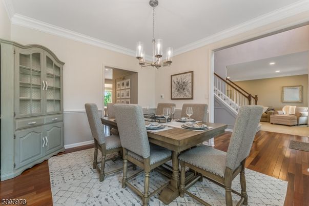 Chandelier, Dining room, Interior, Recessed Lighting, Wood Texture Flooring