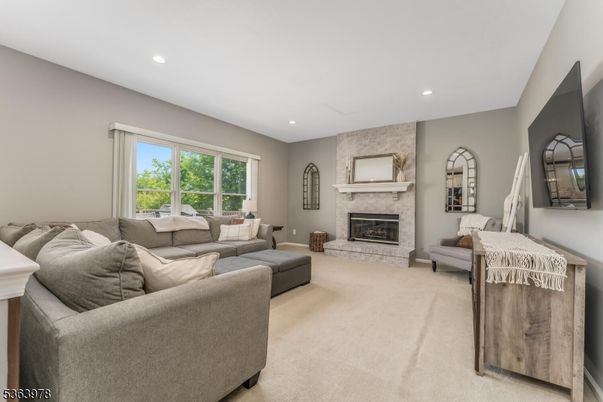 Fireplace, Interior, Living room, Recessed Lighting, Stone Walls