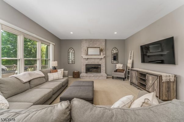 Fireplace, Interior, Living room, Recessed Lighting, Stone Walls