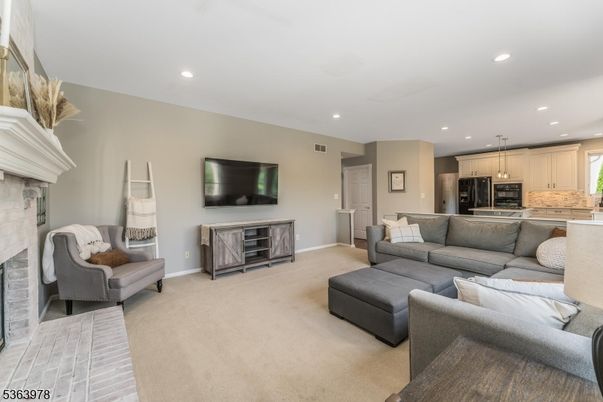 Fireplace, Interior, Kitchen, Living room, Pendant Lights, Recessed Lighting