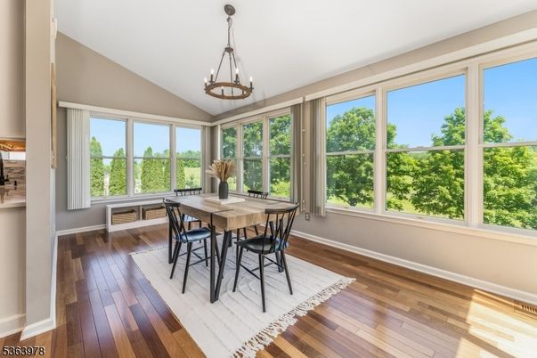 Dining room, Interior, Pendant Lights, Wood Texture Flooring