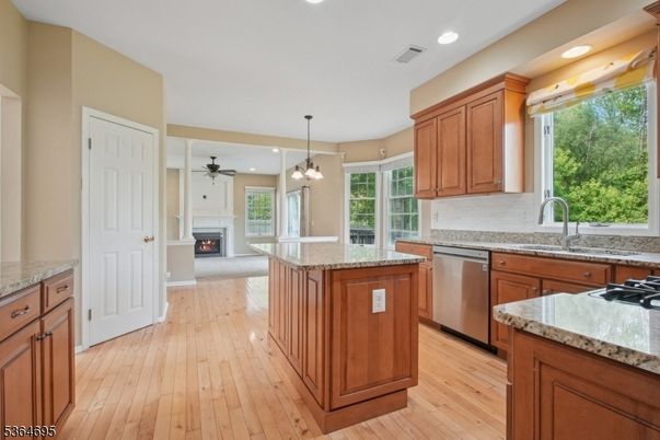 Fireplace, Interior, Kitchen, Pendant Lights, Recessed Lighting, Wood Texture Flooring