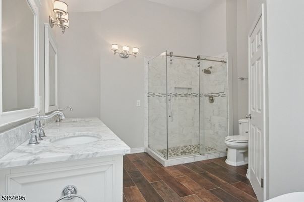 Bathroom, Glass Shower, Interior, Marble Walls, Wood Texture Flooring