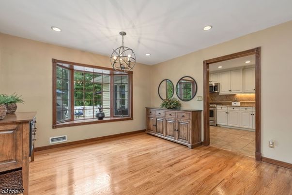 Chandelier, Interior, Kitchen, Recessed Lighting, Wood Texture Flooring