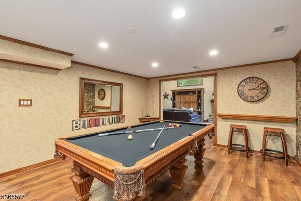Billiard Table, Game Room, Interior, Recessed Lighting, Wood Texture Flooring