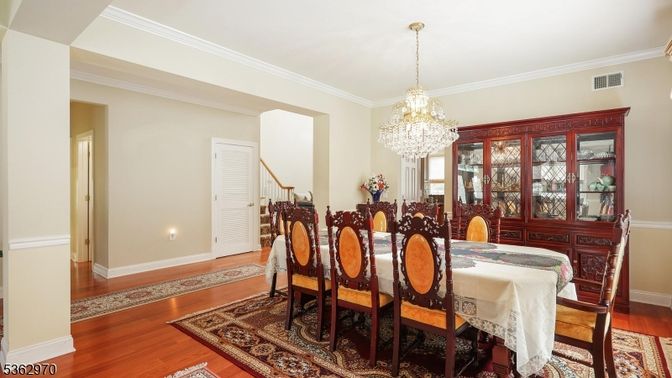 Chandelier, Dining room, Interior, Wood Texture Flooring