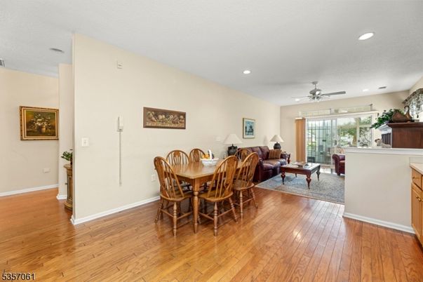 Dining room, Interior, Living room, Recessed Lighting, Wood Texture Flooring