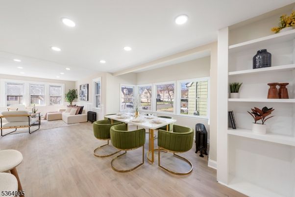 Dining room, Interior, Living room, Recessed Lighting, Wood Texture Flooring