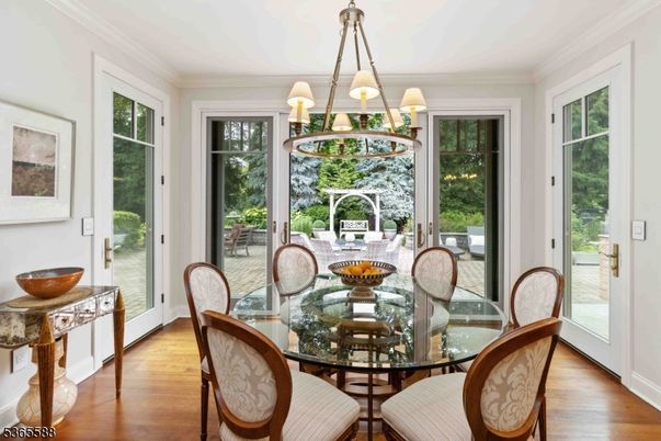 Chandelier, Dining room, Interior, Wood Texture Flooring