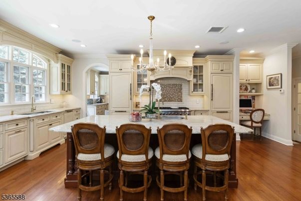 Chandelier, Interior, Kitchen, Recessed Lighting, Stainless Steel Appliances, Wood Texture Flooring