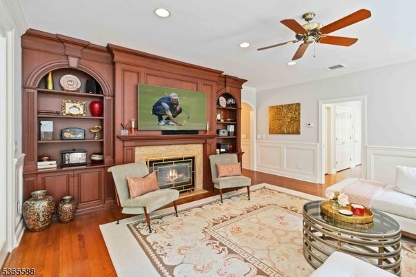 Fireplace, Interior, Recessed Lighting, Wood Texture Flooring