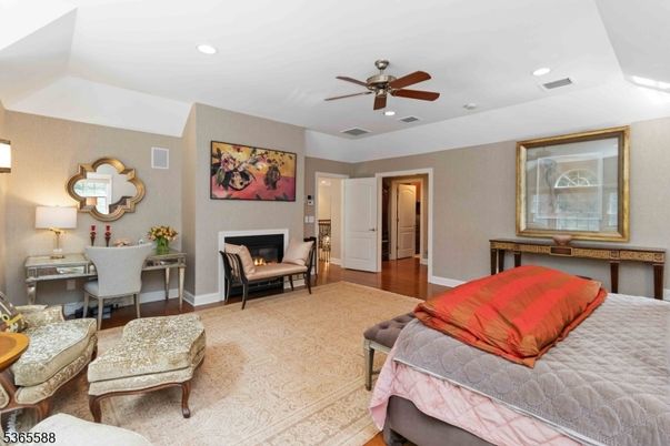 Bedroom, Fireplace, Home Office, Interior, Recessed Lighting, Wood Texture Flooring