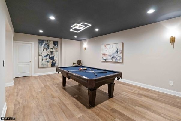 Billiard Table, Game Room, Interior, Recessed Lighting, Wood Texture Flooring