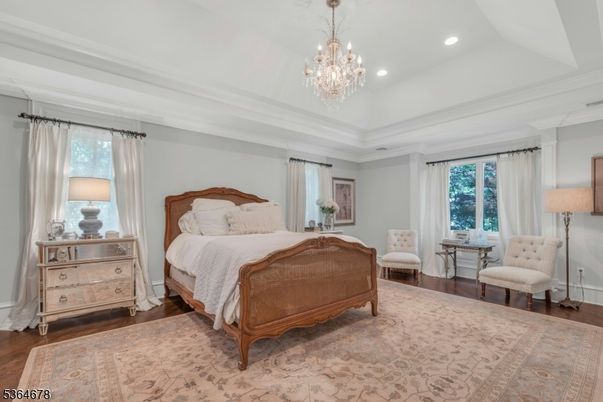 Bedroom, Chandelier, Interior, Recessed Lighting, Wood Texture Flooring