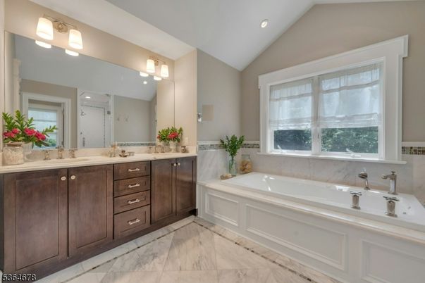 Bathroom, Dual Sink Vanities, Interior, Marble, Recessed Lighting