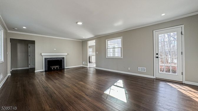 Empty room, Fireplace, Interior, Recessed Lighting, Wood Texture Flooring