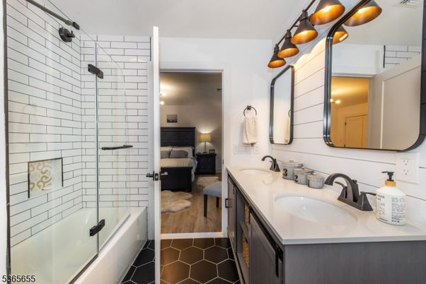 Bathroom, Dual Sink Vanities, Glass Shower, Interior, Wood Texture Flooring