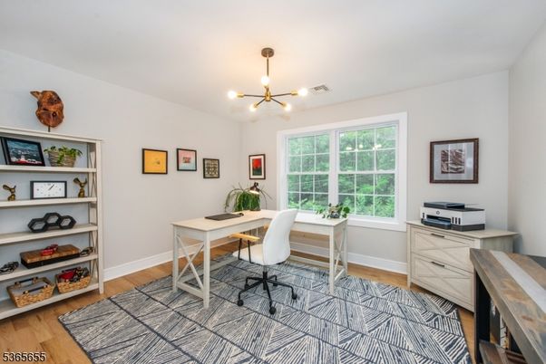 Home Office, Interior, Pendant Lights, Wood Texture Flooring